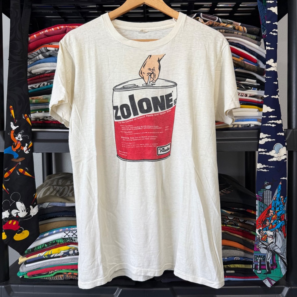 Vintage White Zolone Pesticide Graphic T-Shirt Size Large Light Marks